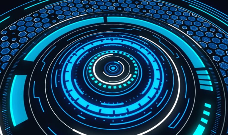 An abstract shape made of circles and hexagons spins and transforms, shifting from black and white to full color.