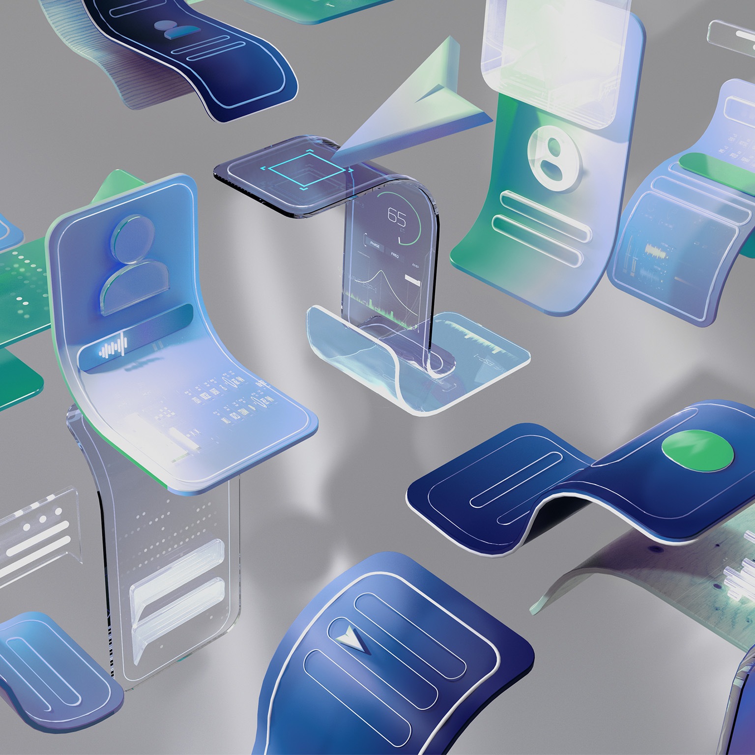 An abstract multi-colored 3D image of multiple screens floating and bending around each other.