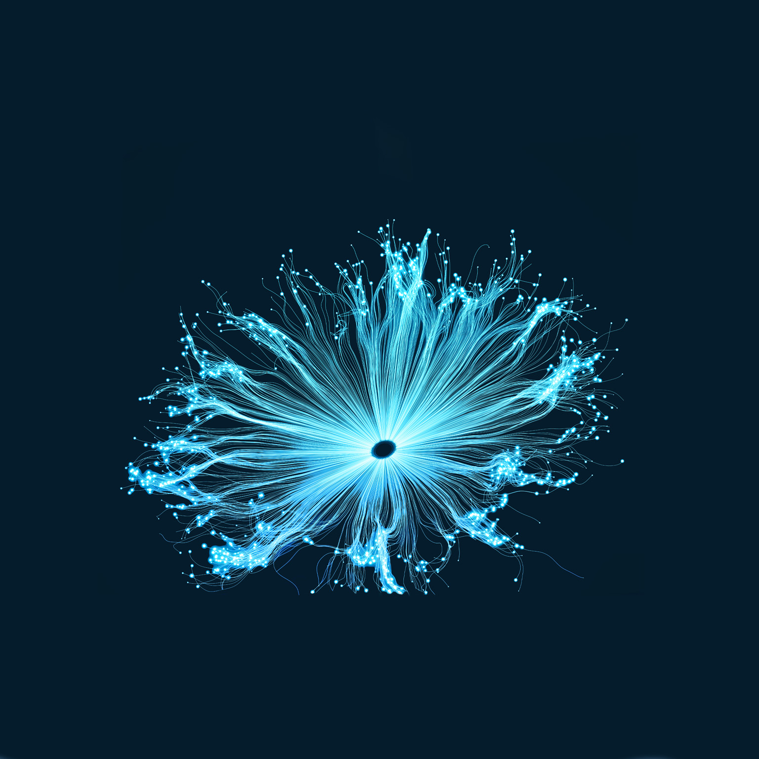 A dazzling burst of vivid blue light emanating from a focal point and stretching into slender strands with luminous tips.