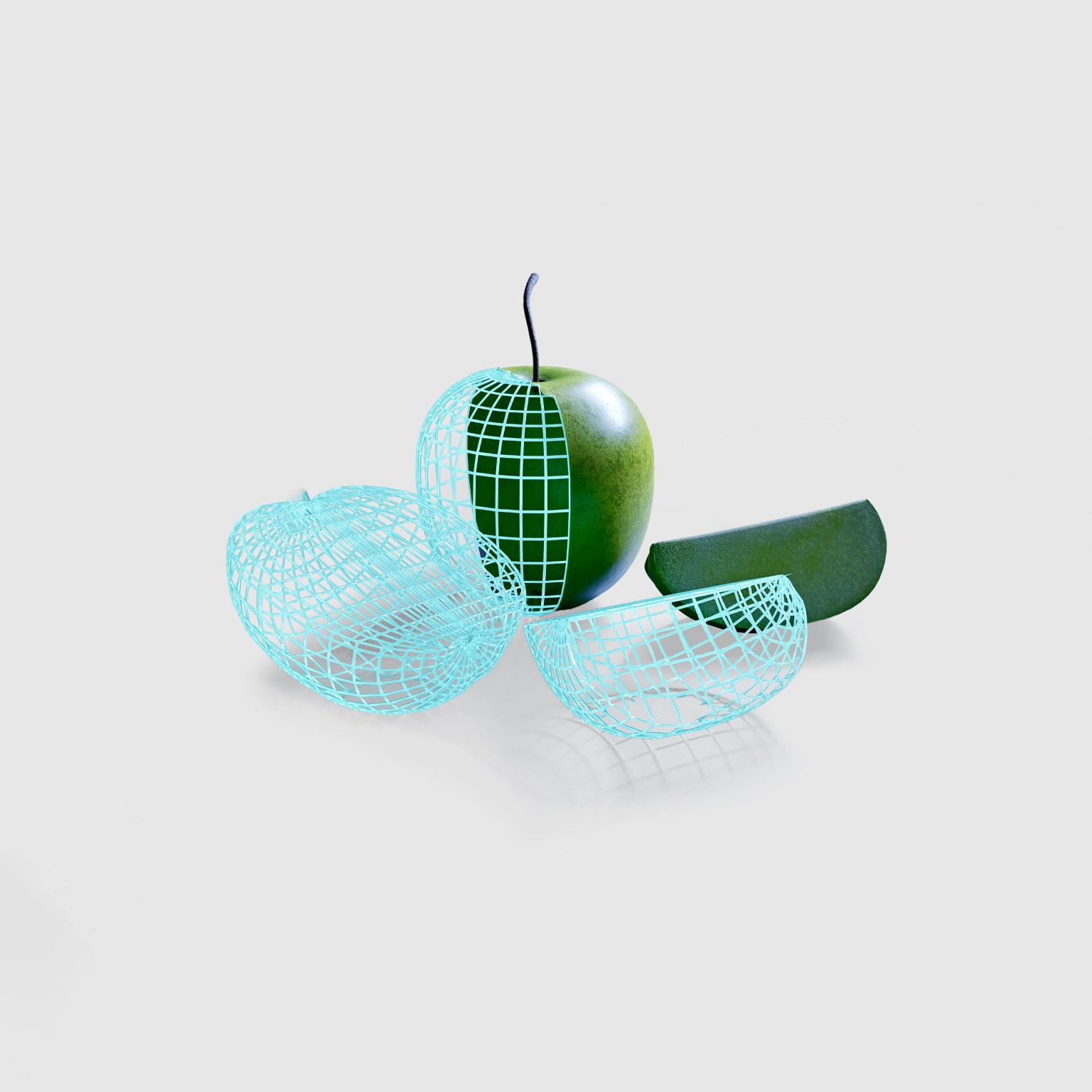 A green apple split into 3 parts on a gray background. Half of the apple is made out of a digital blue wireframe mesh. 