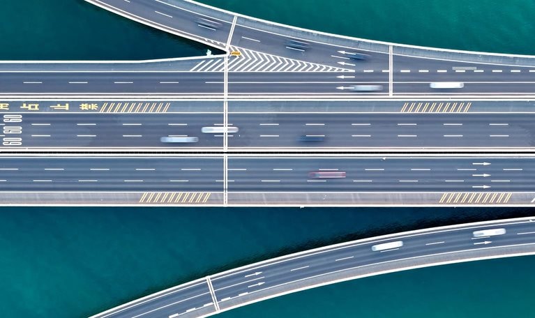 Drone Aerial View of Jiaozhou Bay Bridge of Qingdao, Shandong Province, China