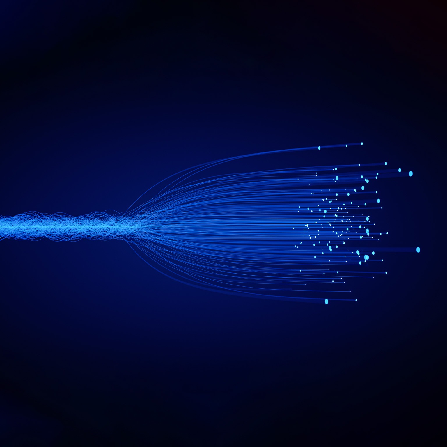 Filaments of light that go from a compact collection to a dispersed array. 