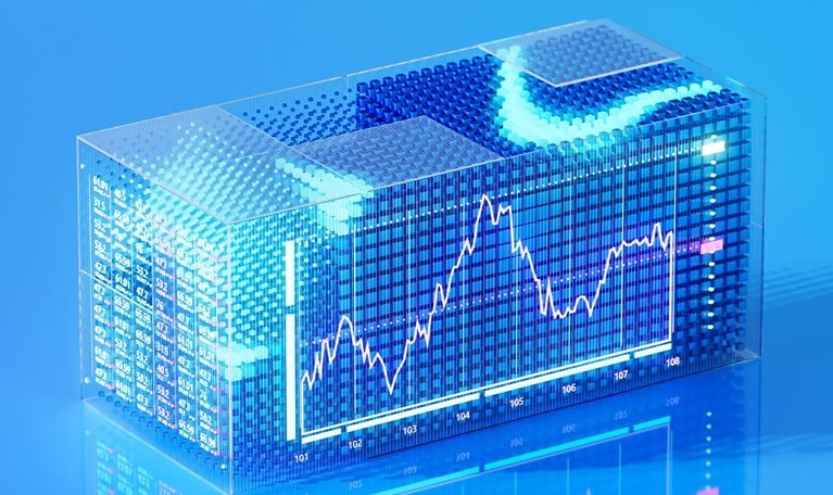 A futuristic image of a transparent rectangular prism displaying a fluctuating line graph and financial data.