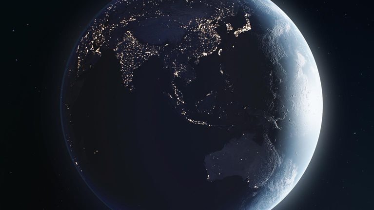 Earth View From Space Full Rotation 360 degrees with the Sun Light, Cities at Night Looped 3d Animation. Dark Planet Turning in Outer Space. Elements Furnished by NASA. Nature, Technology Concept - stock video