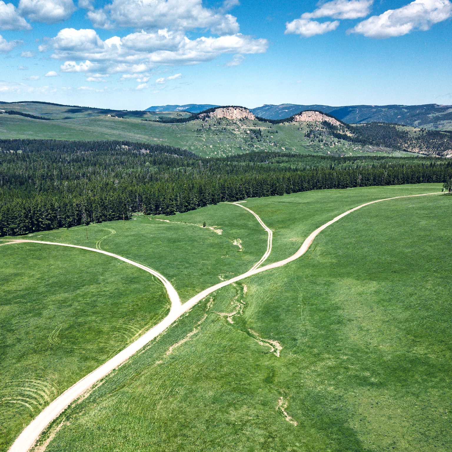 A wide aerial view of a lush green landscape with multiple dirt roads branching and intersecting across open fields. In the distance, dense forest lines and rolling hills lead up to rocky ridges under a bright sky with scattered clouds.