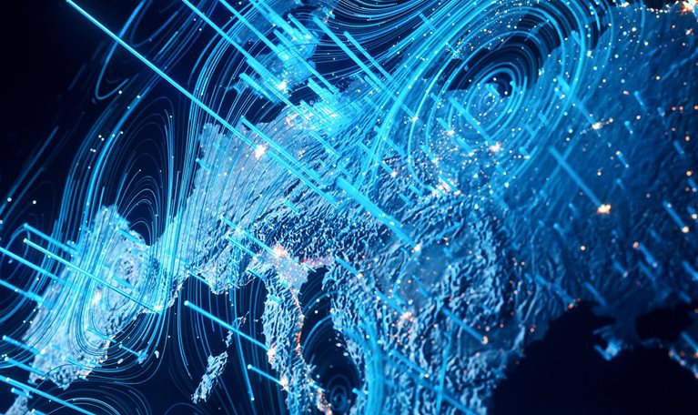 swirling blue and black globe, focusing on Europe