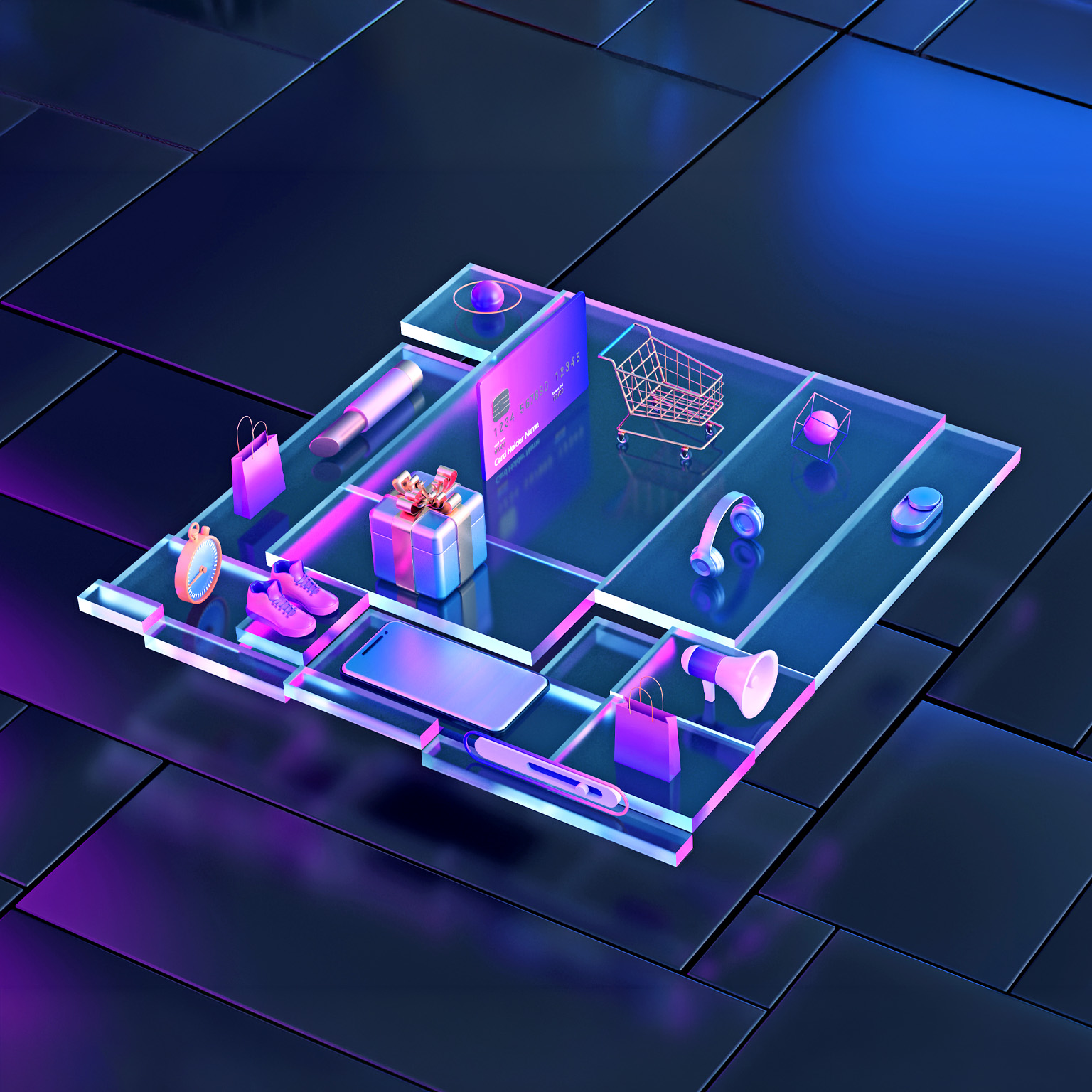 A stylized, futuristic composition shows various shopping-related items—such as a credit card, smartphone, shopping bags, and a cart—arranged in glowing compartments. The neon purple and blue lighting gives the scene a high-tech, digital commerce feel, suggesting modern or online shopping experiences. 