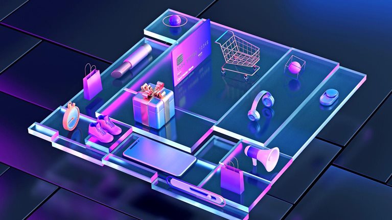 A stylized, futuristic composition shows various shopping-related items—such as a credit card, smartphone, shopping bags, and a cart—arranged in glowing compartments. The neon purple and blue lighting gives the scene a high-tech, digital commerce feel, suggesting modern or online shopping experiences.