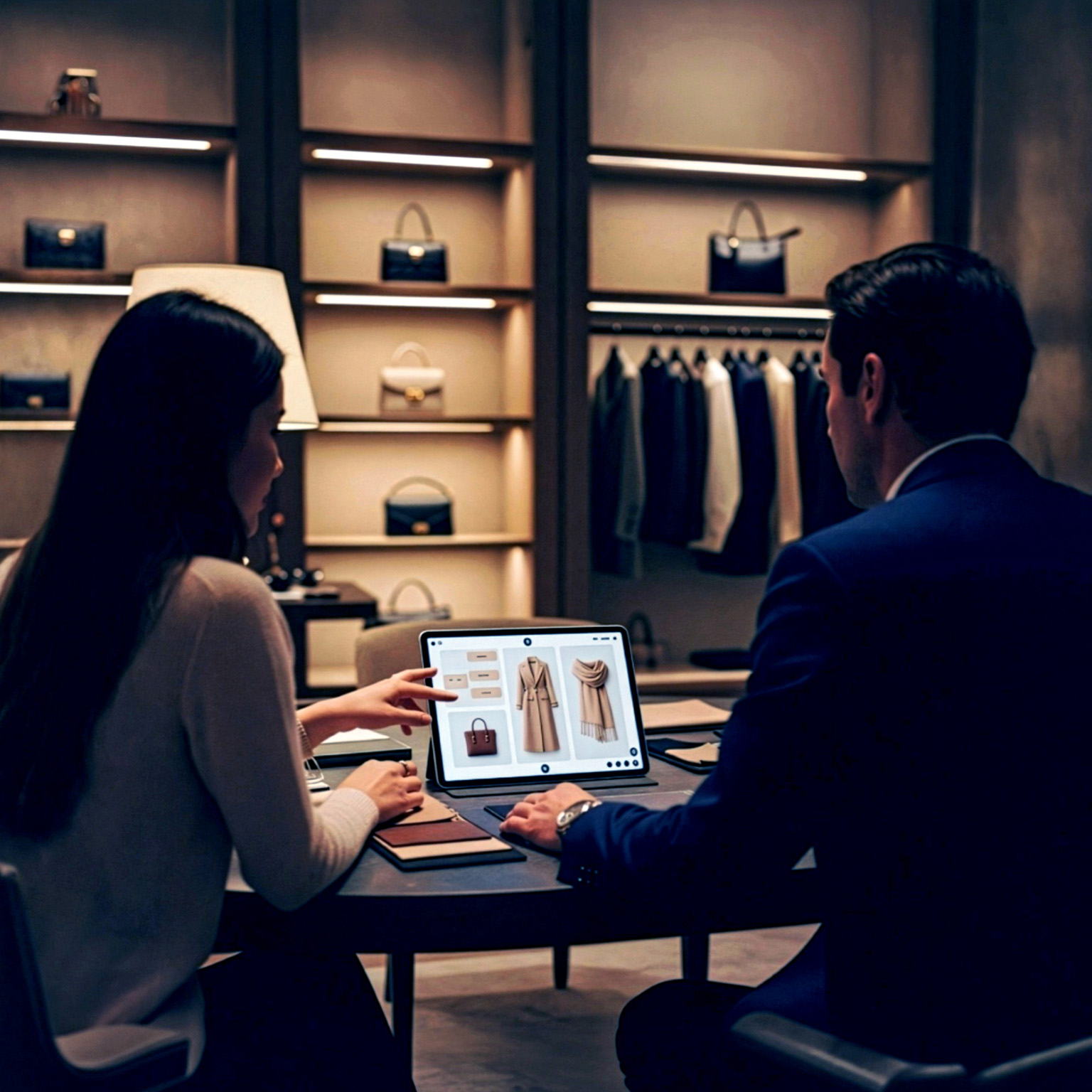 AI generated image of a customer and sales adviser reviewing curated fashion items in a luxury retail salon.