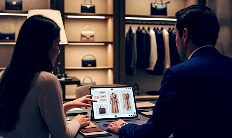 AI generated image of a customer and sales adviser reviewing curated fashion items in a luxury retail salon.