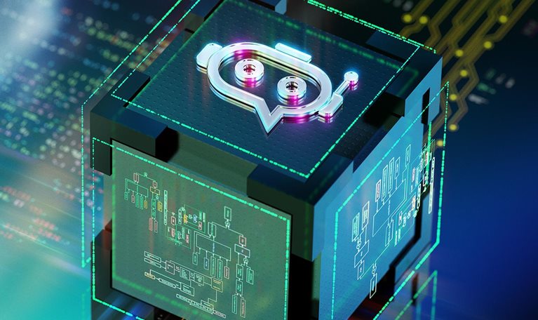 Futuristic chatbot icon processing texts and commands over CPU. CGI 3D render - stock photo