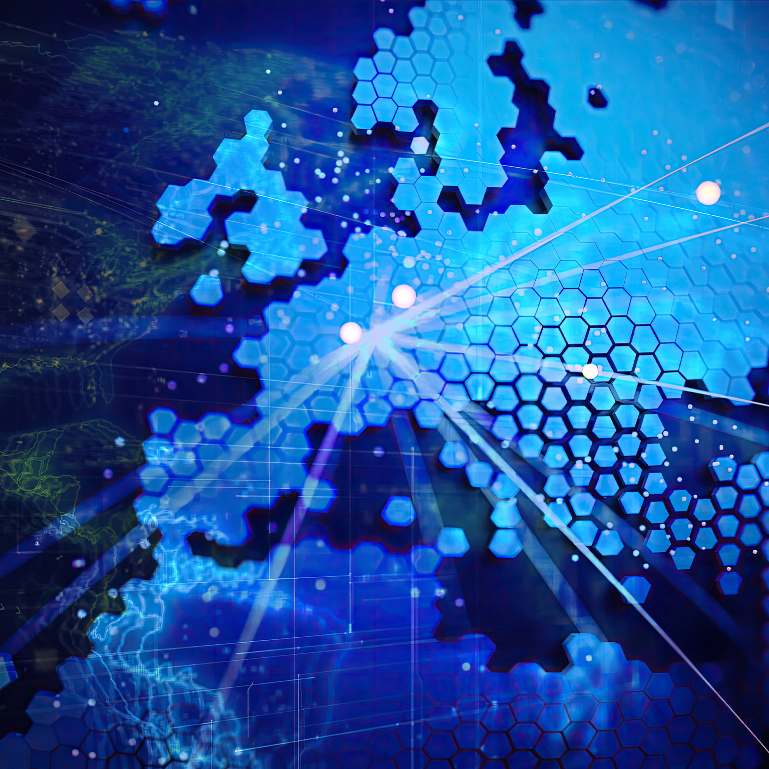 The image appears to show an abstract digital illustration of a map of Europe formed by blue hexagonal tiles with glowing data connection lines and nodes.