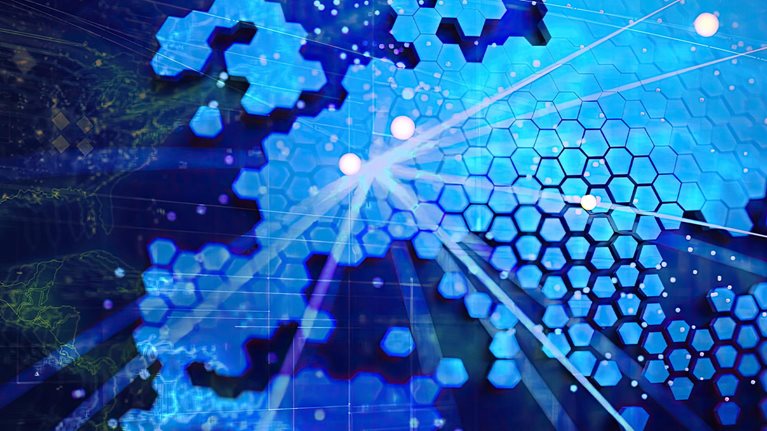 The image appears to show an abstract digital illustration of a map of Europe formed by blue hexagonal tiles with glowing data connection lines and nodes.
