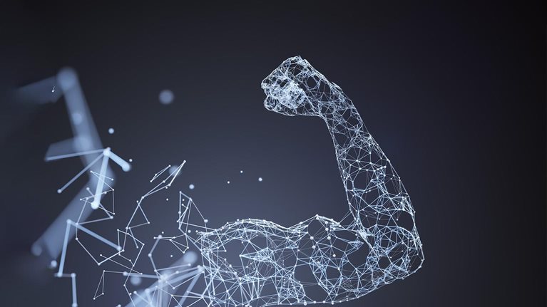 Image of polygon digital network lines forming the shape of a strong arm.