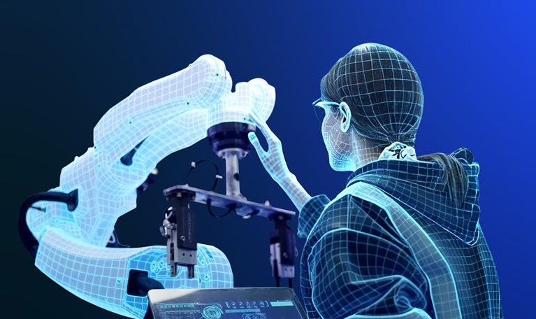 A woman depicted in a glowing blue digital wireframe style interacts with an industrial robotic arm, adjusting its components via a tablet. She is wearing a heavy manufacturing style jacket and the scene is set against a dark blue gradient background.