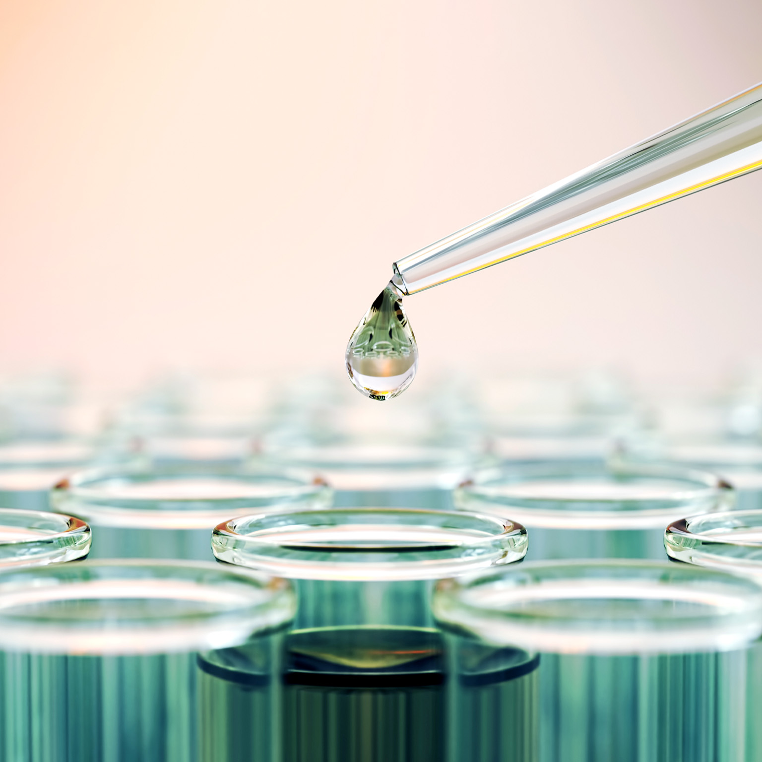 A close-up of a laboratory pipette releasing a droplet of liquid above a row of clear test tubes filled with fluid.