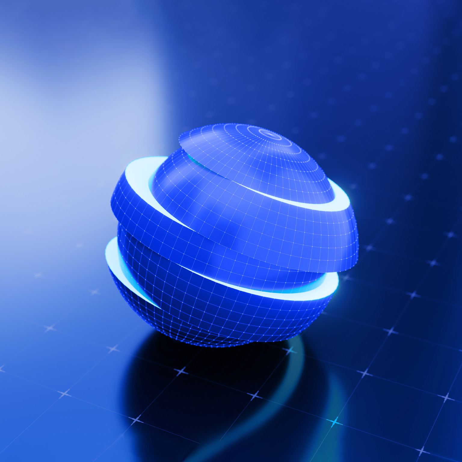 A glowing blue sphere composed of segmented, grid-lined layers appears to float above a reflective digital surface. The futuristic design suggests global trade, interconnected systems, and a world being reshaped by shifting economic flows. 