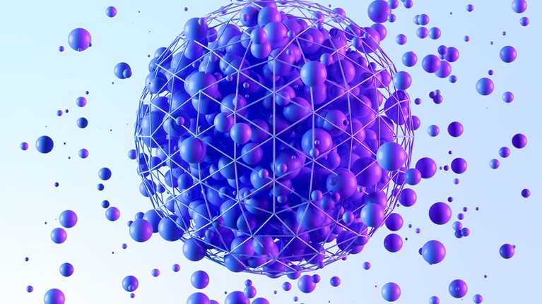 Sea of floating orbs busting out of a sphere made of a mesh network of wire.