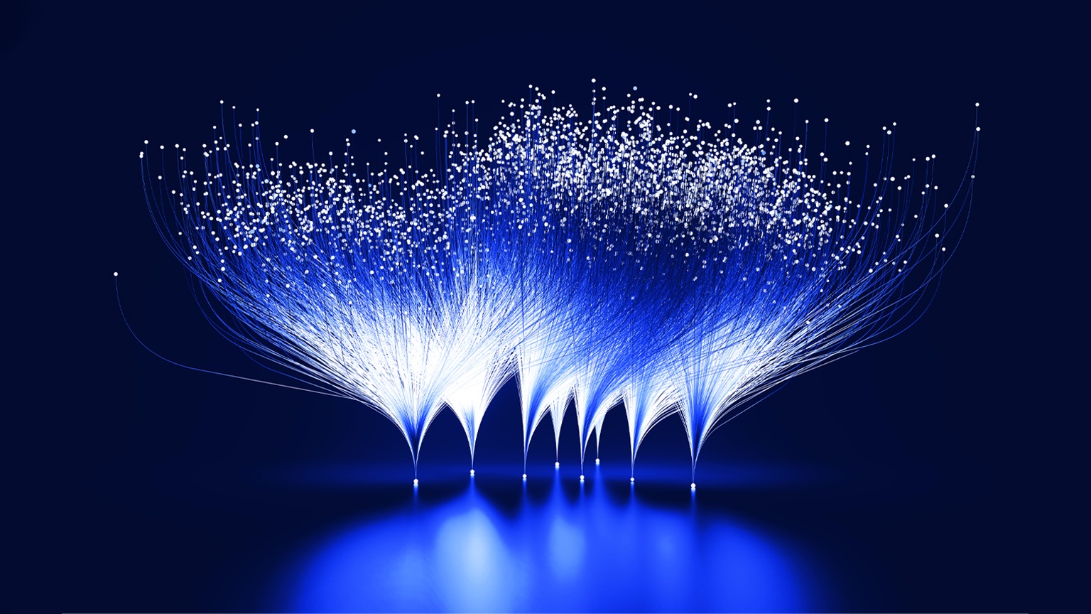 Abstract blue and white lines emanating from white dots against a dark blue background. This visual metaphor represents the branching-out and expansive growth facilitated by innovation.