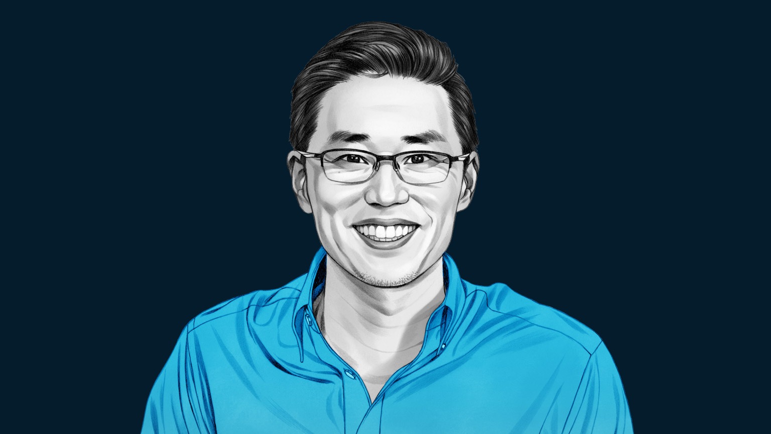 A hand-drawn illustration of Rodrigo Liang. The drawing features precise lines and subtle shading, using black and white tones for face and blues for attire.