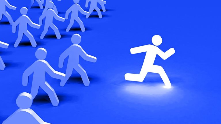 A group of stick figures walking while one sprints ahead. The figure in the lead glows with light.