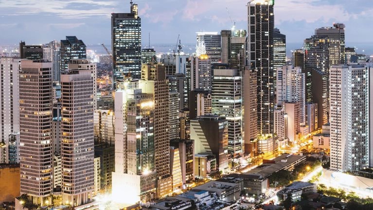 Makati skyline at dusk, Manila, Philippines