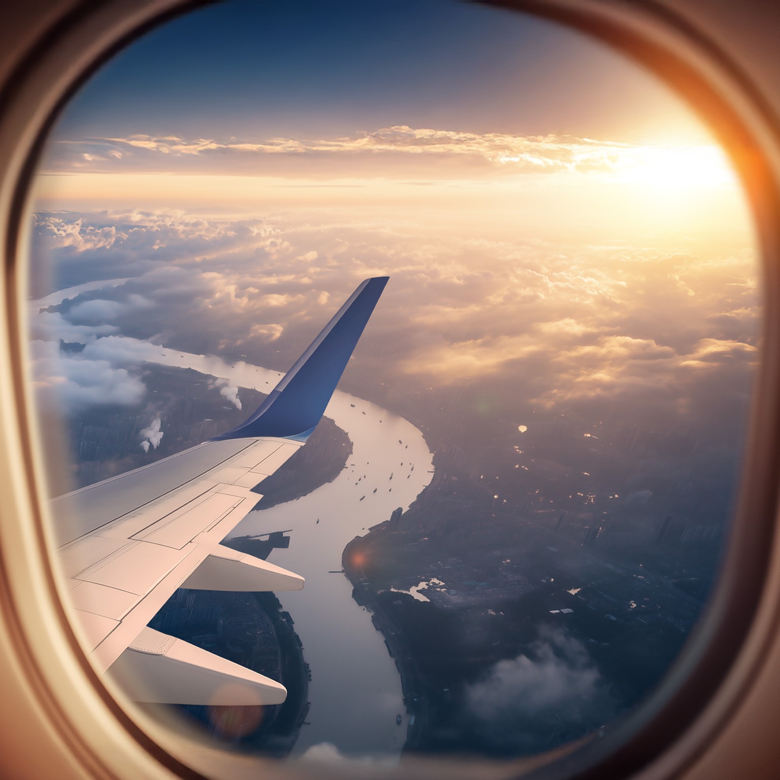 This image captures a breathtaking moment in time, showing a scenic view from an airplane window during sunset.