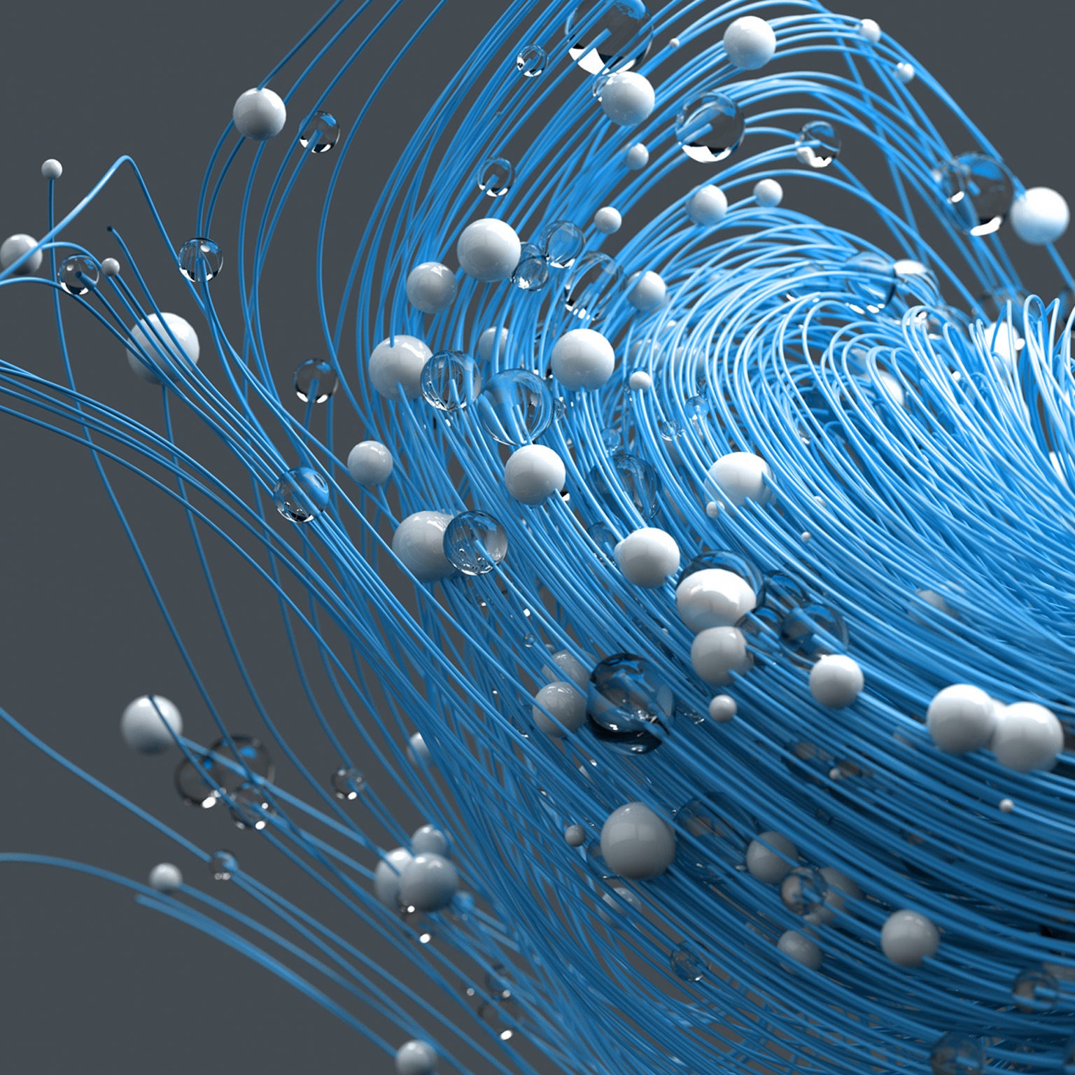 Abstract yellow wires and glass spheres on grey background.