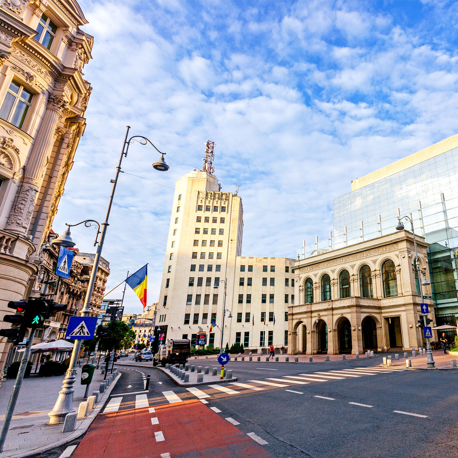 Modern and old buildings on Calea Victoriei Boulevard in Bucharest, Romania