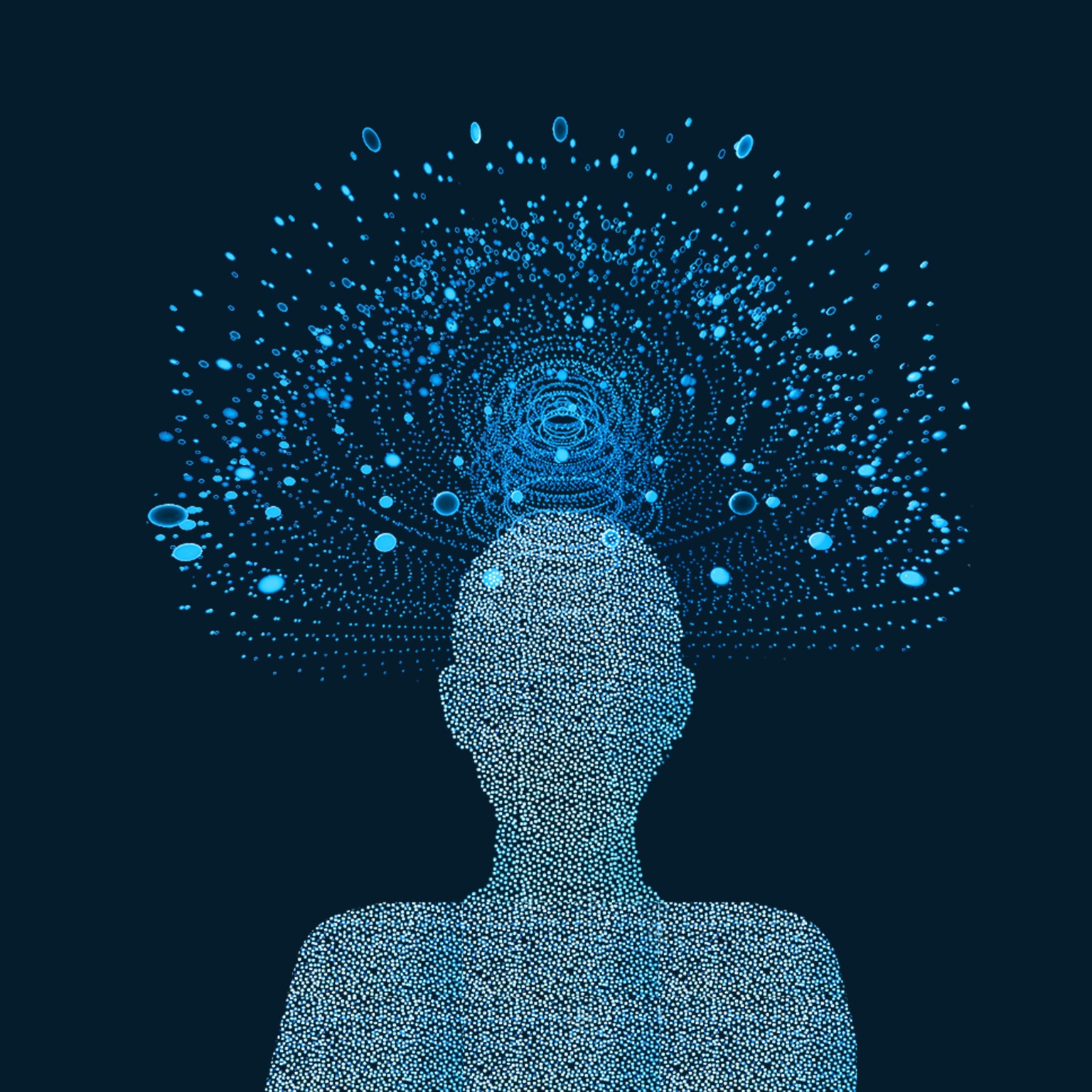 Abstract silhouette of human surrounded by artificial intelligence in network space made up of dots on blue background