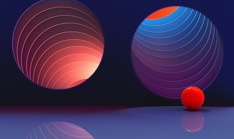 Two circular openings in a dark blue wall, one with warm-toned concentric circles leading downward and the other with cool-toned colors leading upward. A single, bright red sphere rests on a reflective surface in front of the openings, its reflection mirroring it below.