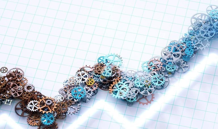 Digital generated image of abstract growing diagram made out of gear wheels