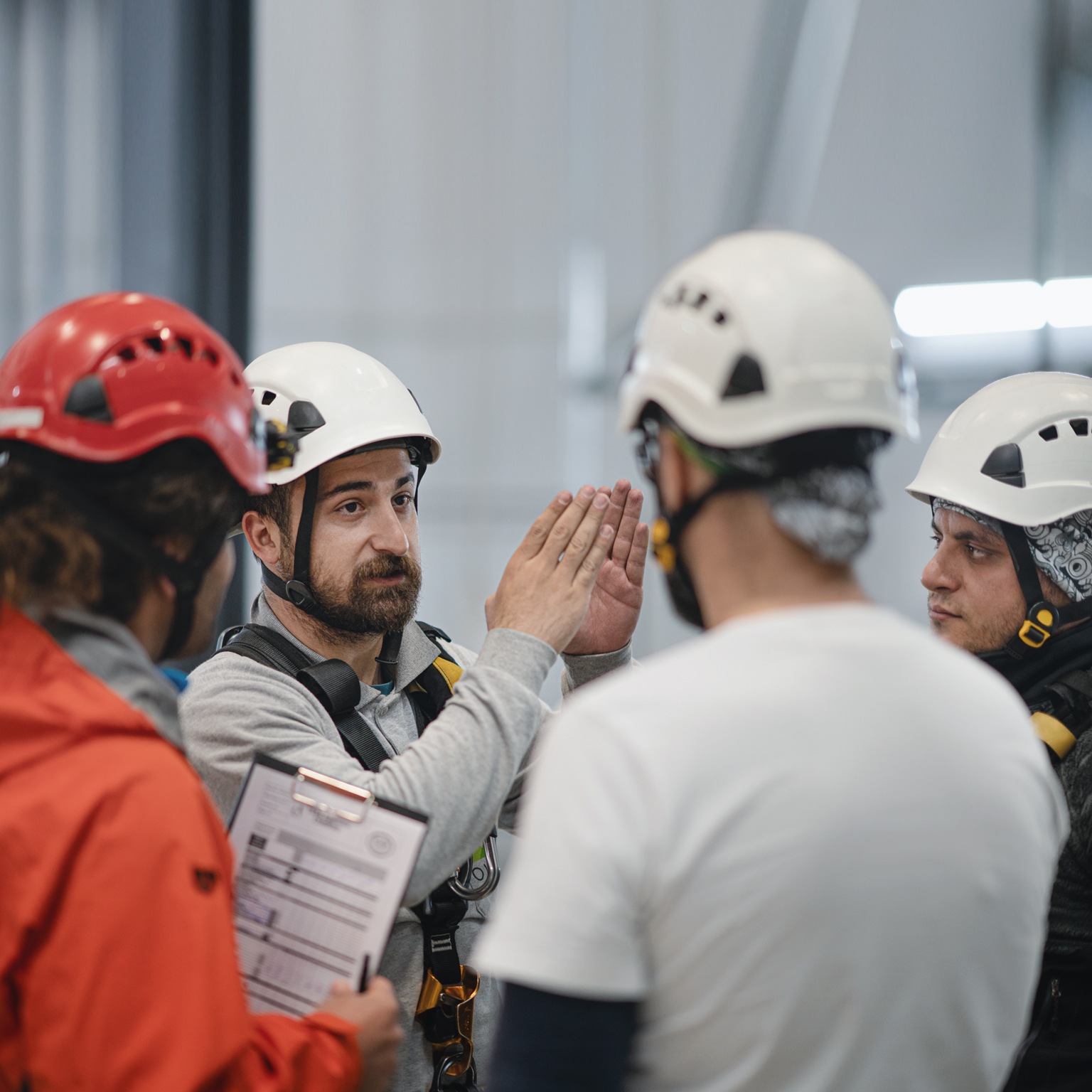 Morning meeting at the factory