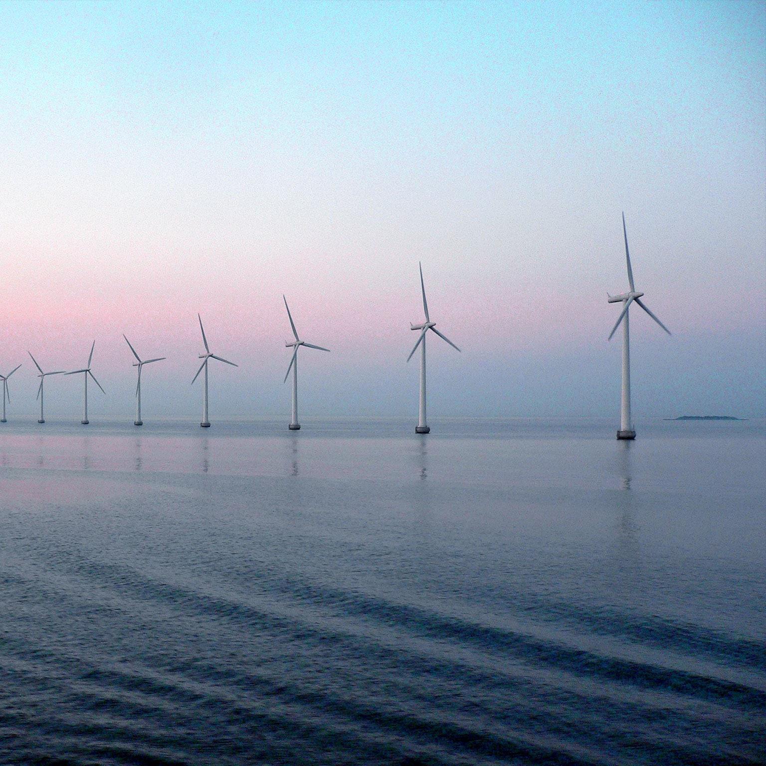 Wind farm at sunset in sea
