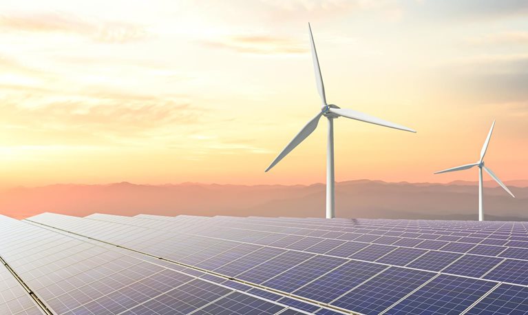 Solar panels and wind turbines, 3D rendering - stock photo