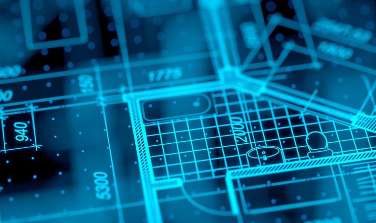 Architecture blueprint on digital lcd display with reflection.
