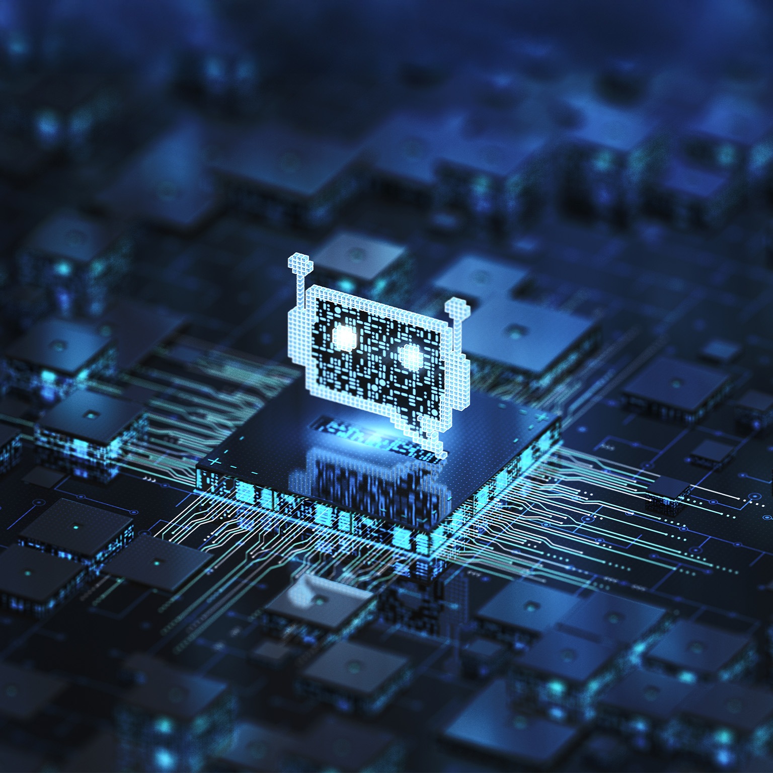The image is a conceptual illustration of an AI chatbot integrated onto a computer chip or circuit board.