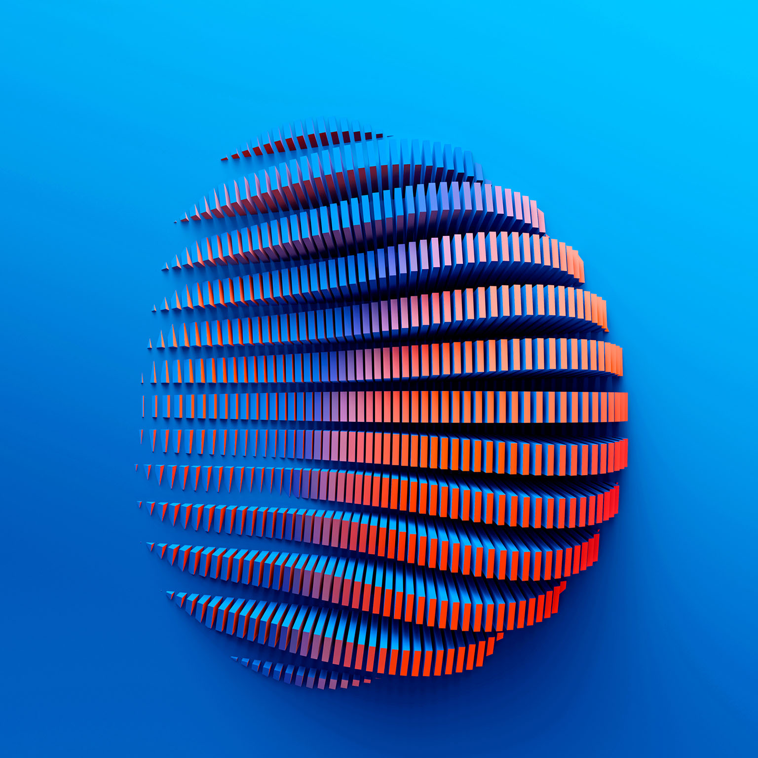 Abstract spherical shape formed by layered red and blue bands against a blue background.