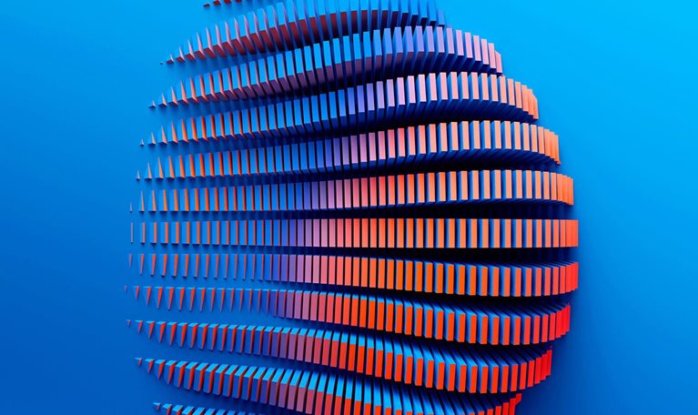 Abstract spherical shape formed by layered red and blue bands against a blue background.
