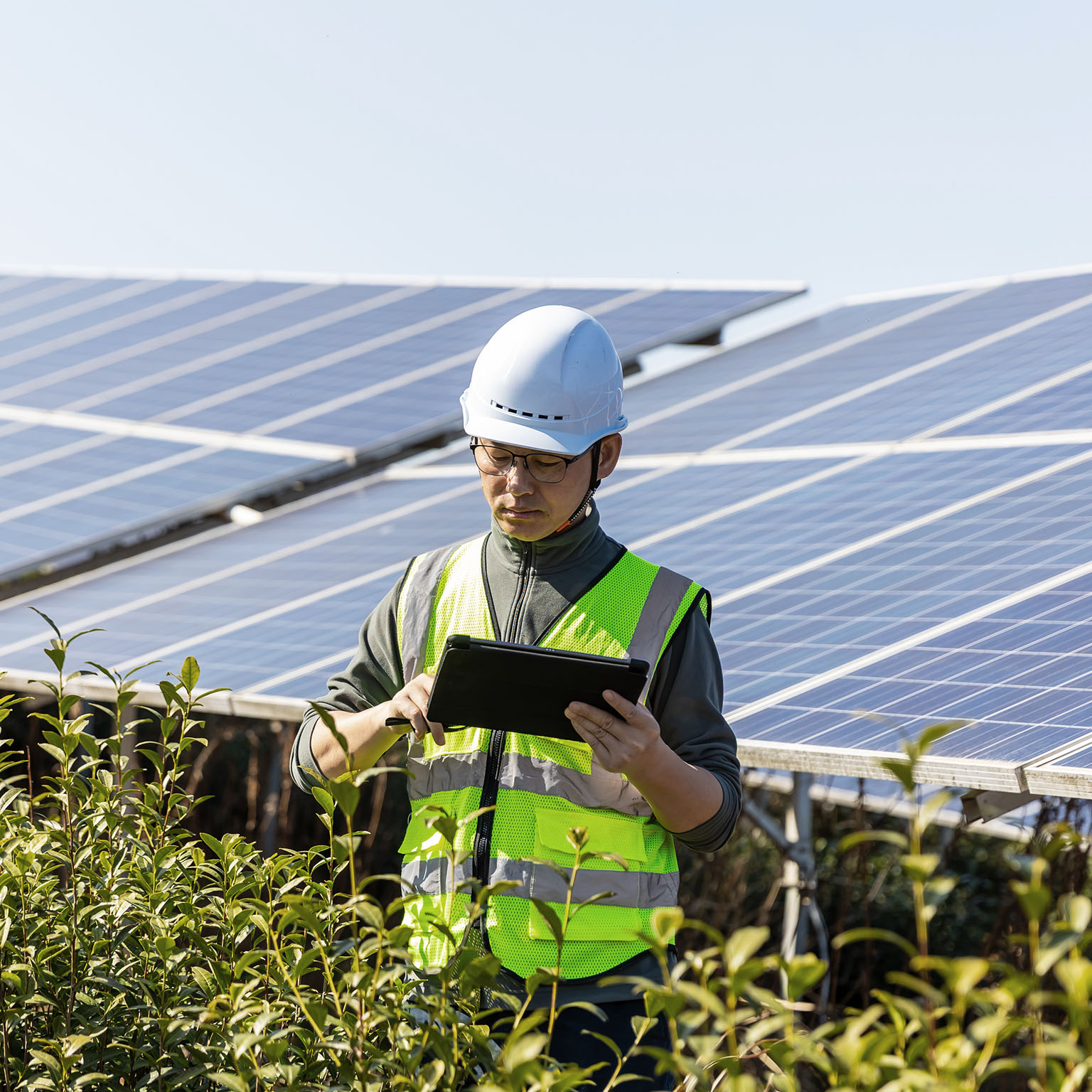 Engineer working with digital tablet in solar power station
