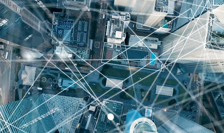 Aerial view of Singapore Skyline with network connections.