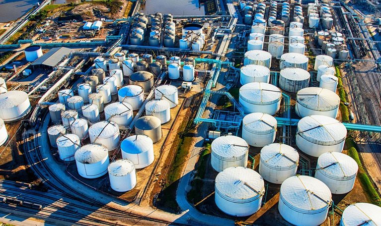Aerial View of a Texas Oil Refinery and Fuel Storage Tanks - stock photo
