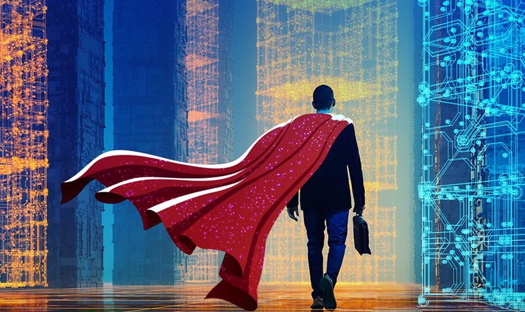 Businessman with briefcase and cape walking into digital gen ai future.