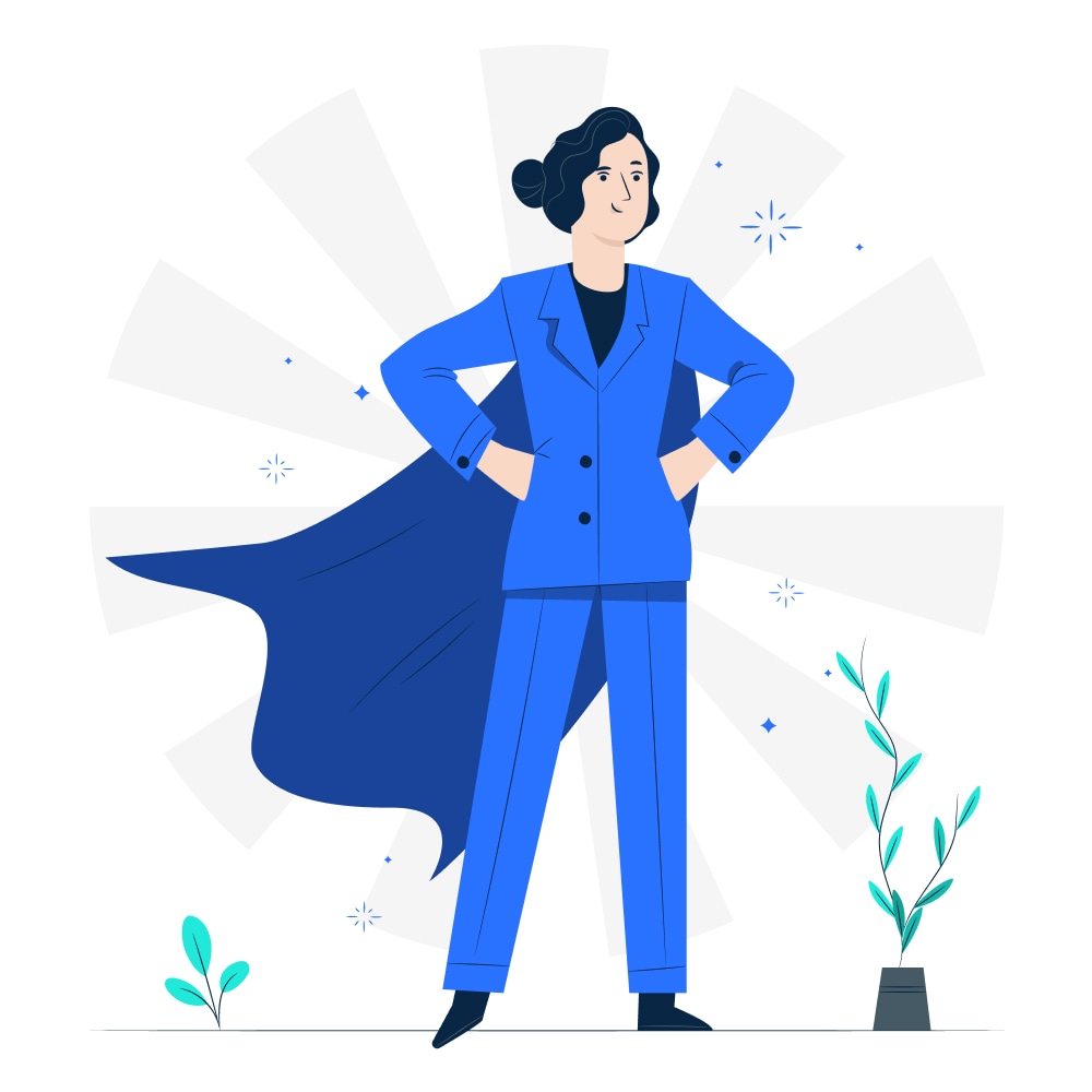 business woman standing proudly as cape flows behind her - illustration