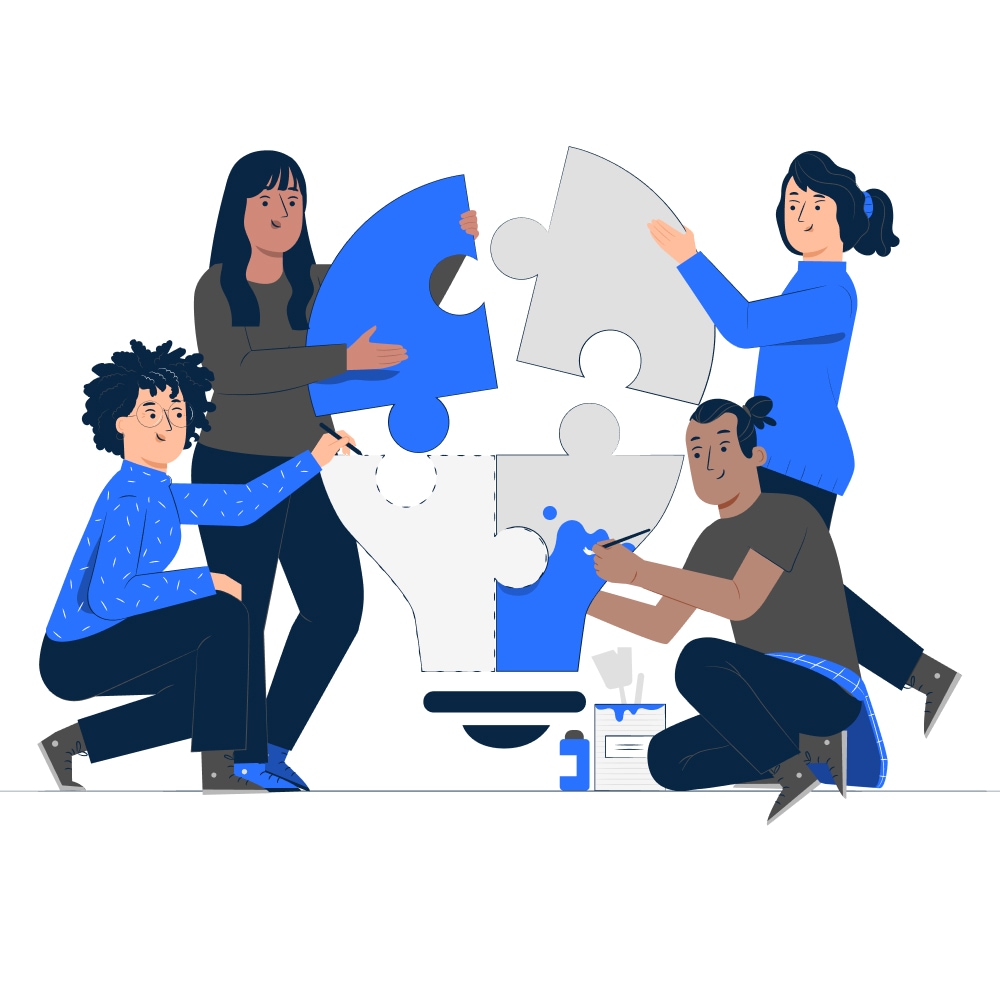 co-workers assembling light bulb puzzle - illustration