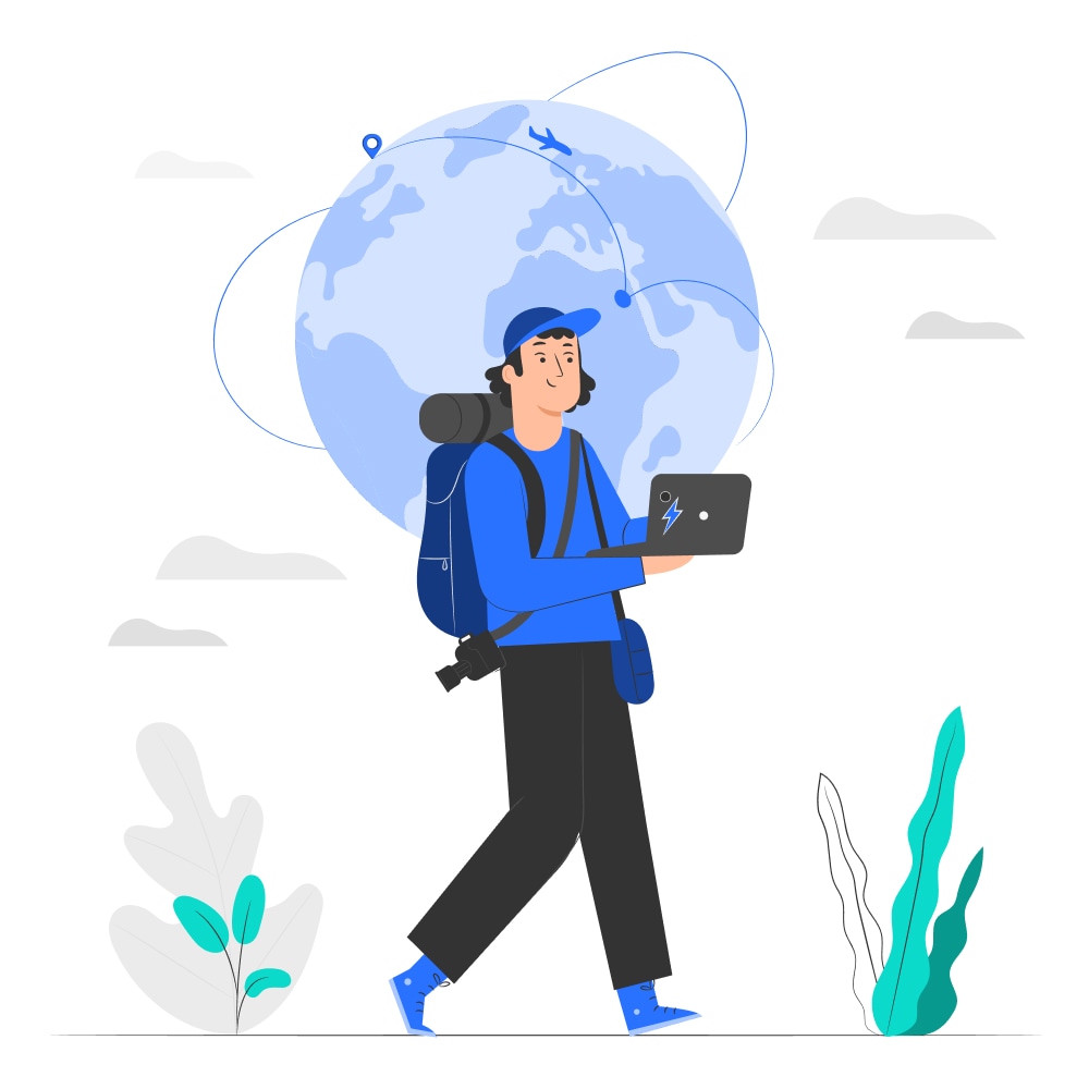remote worker hiking with laptop - illustration