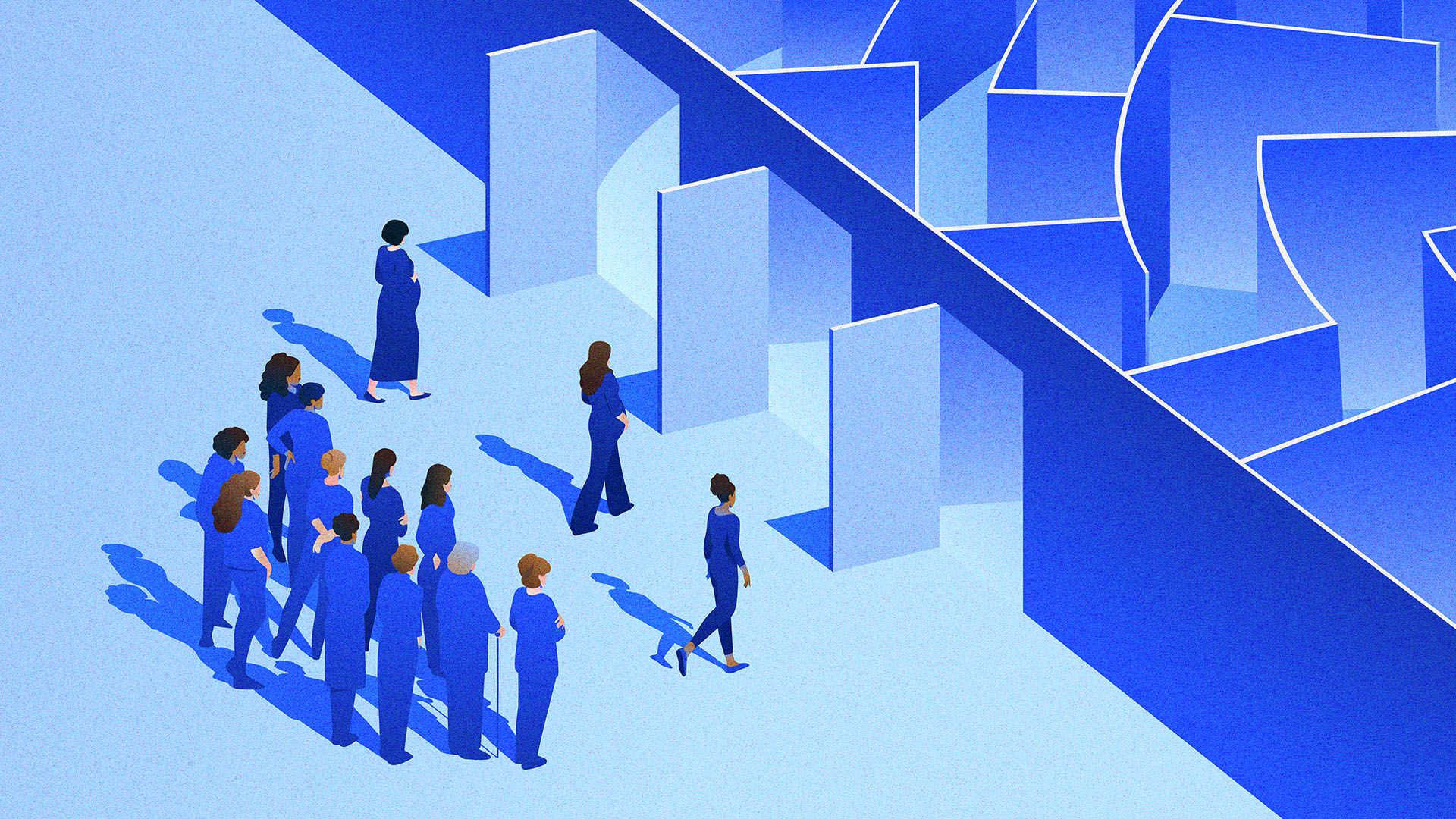 Illustration of a group of women approaching separate doorways leading into a maze.