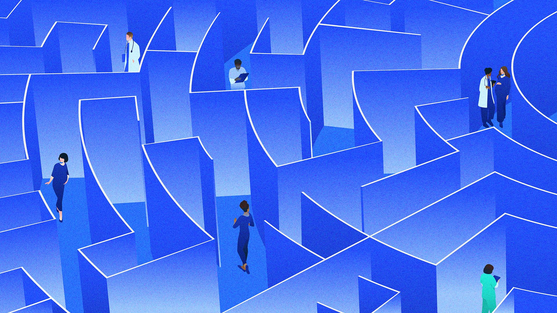 Illustration of women patients and healthcare professionals navigating a large maze.