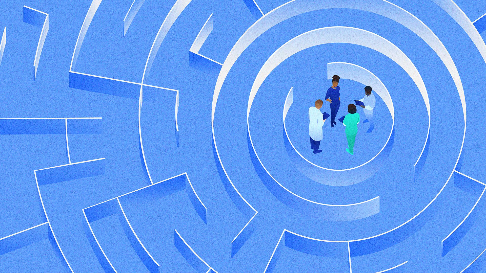 Illustration of a woman and her care team standing together at the center of a circular maze.