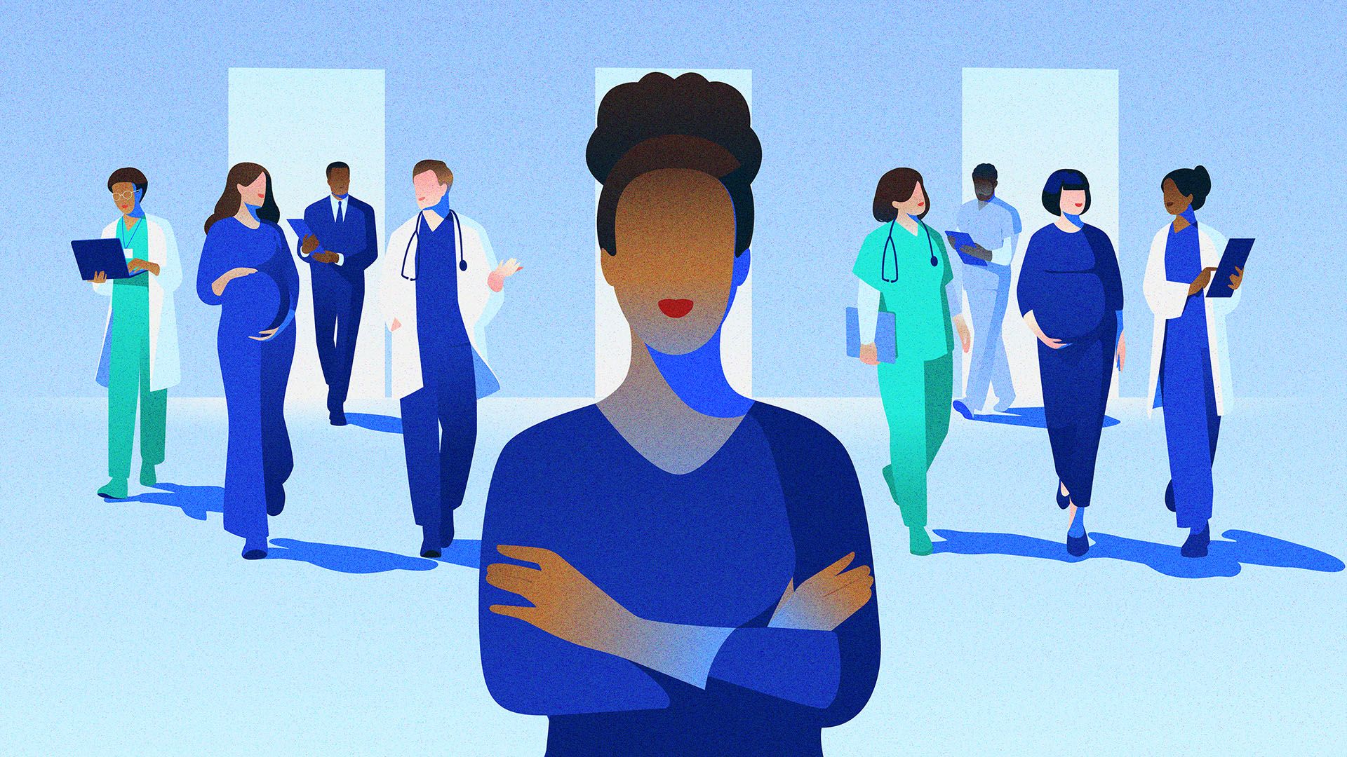 Illustration of a woman in the foreground with a group of healthcare workers and patients in the background, all having emerged from the maze.